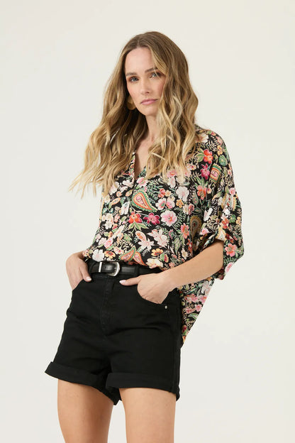 Blusa Mujer Manga Corta Cuello Mao Negro