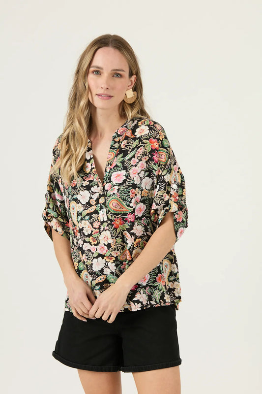 Blusa Mujer Manga Corta Cuello Mao Negro