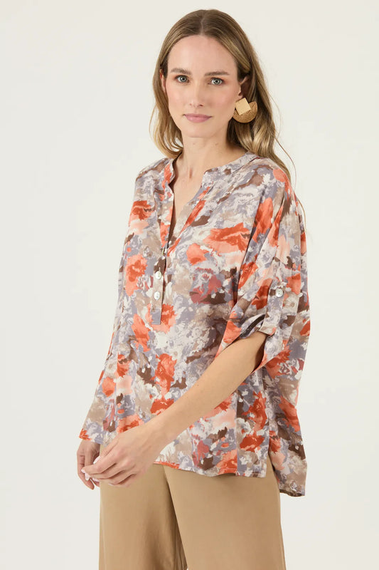 Blusa Mujer Manga Corta Cuello Mao Naranjo