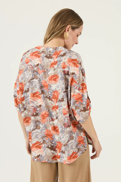 Blusa Mujer Manga Corta Cuello Mao Naranjo
