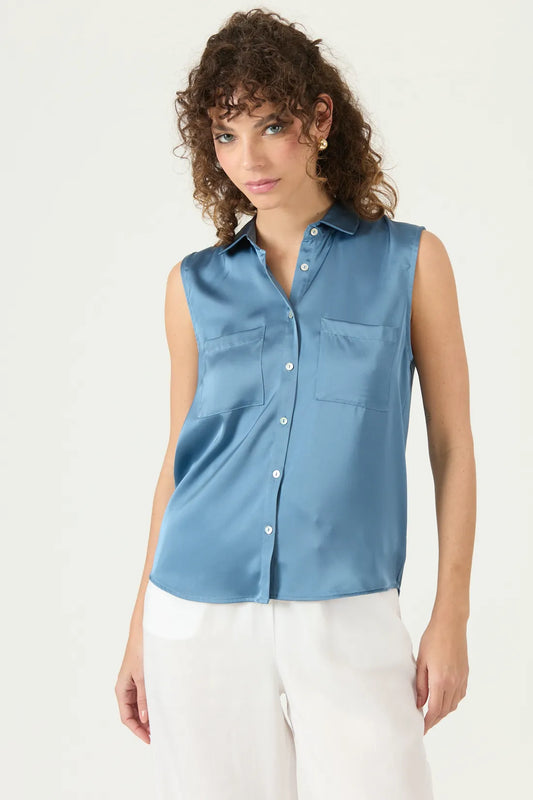 Blusa Mujer Sin Manga Camisera Azul