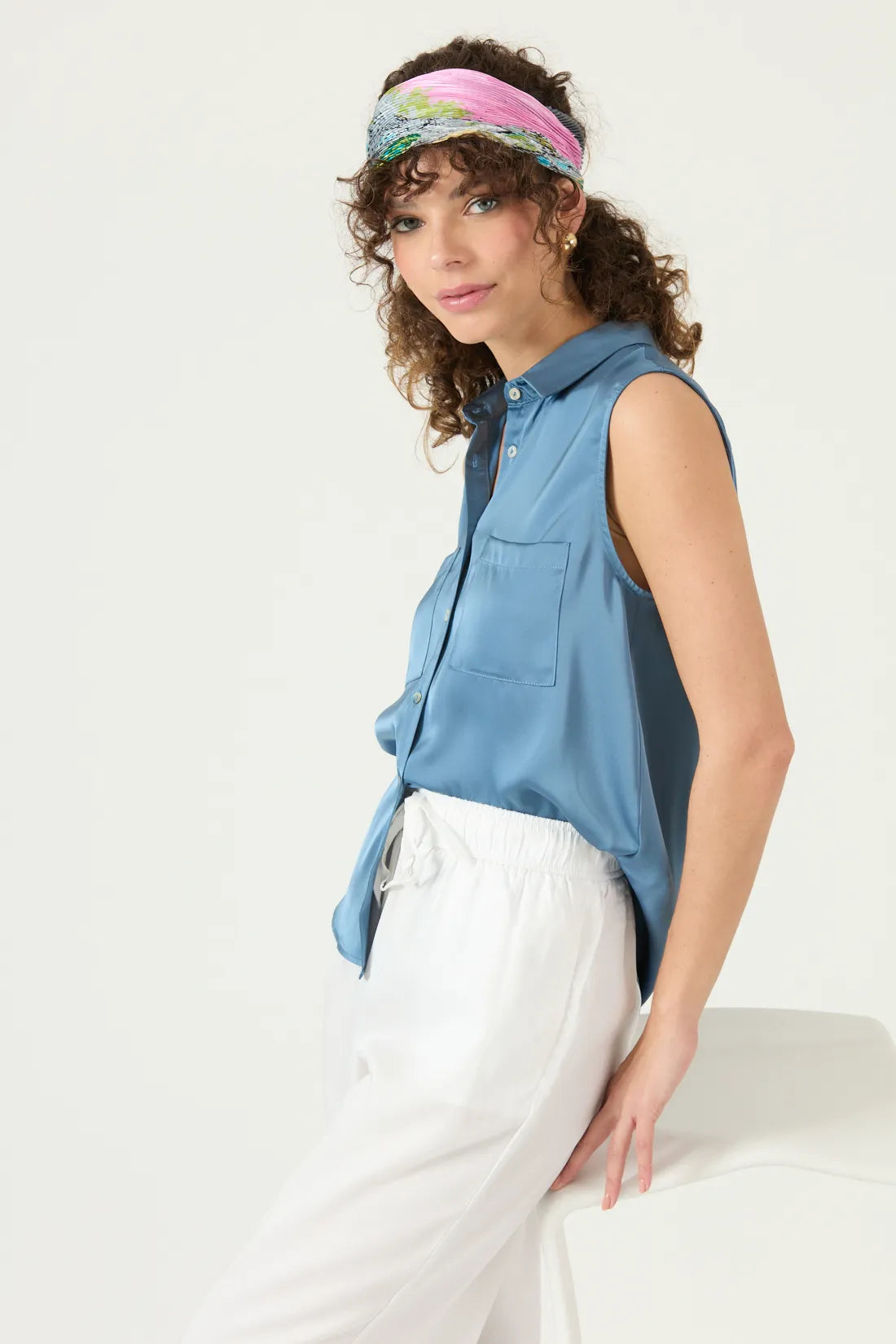Blusa Mujer Sin Manga Camisera Azul
