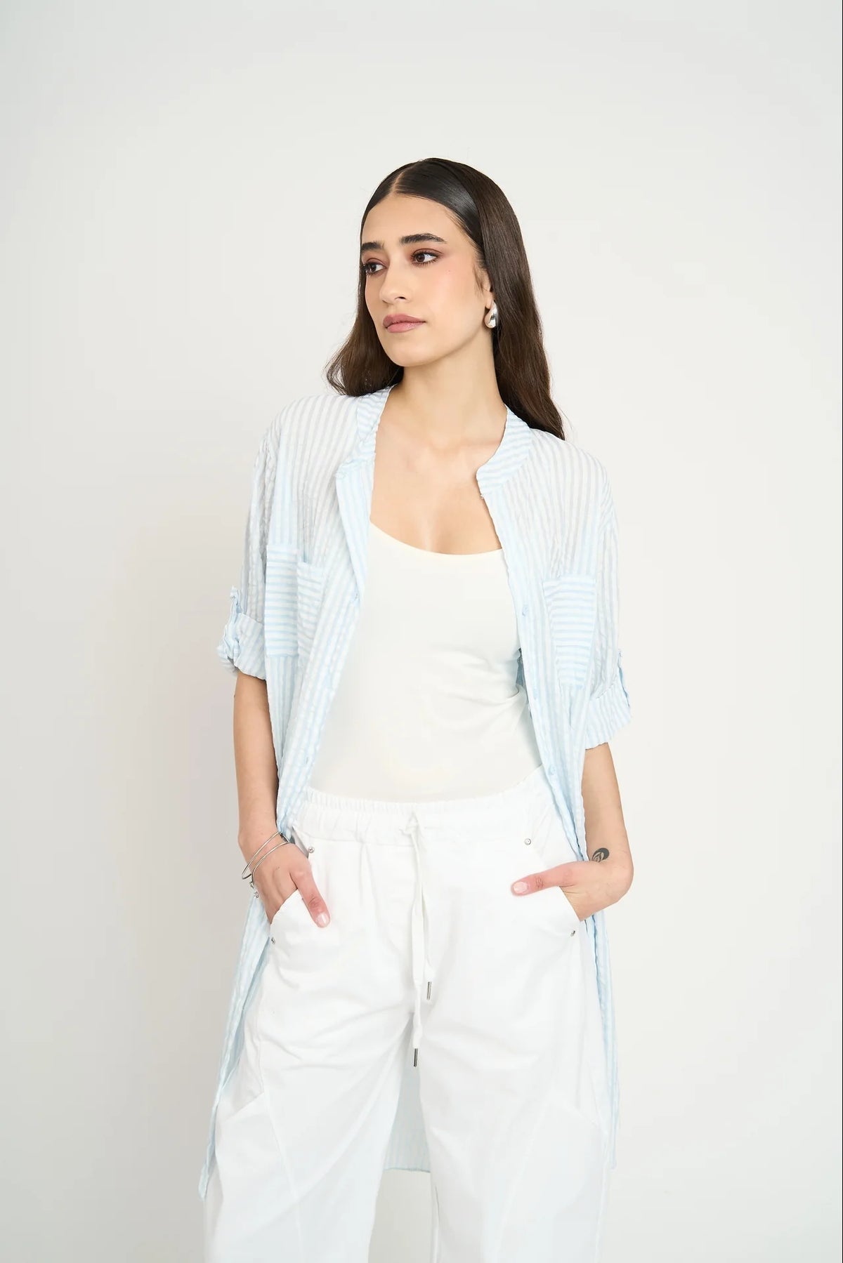Bluson Camisero Largo Mujer A Rayas Cielo