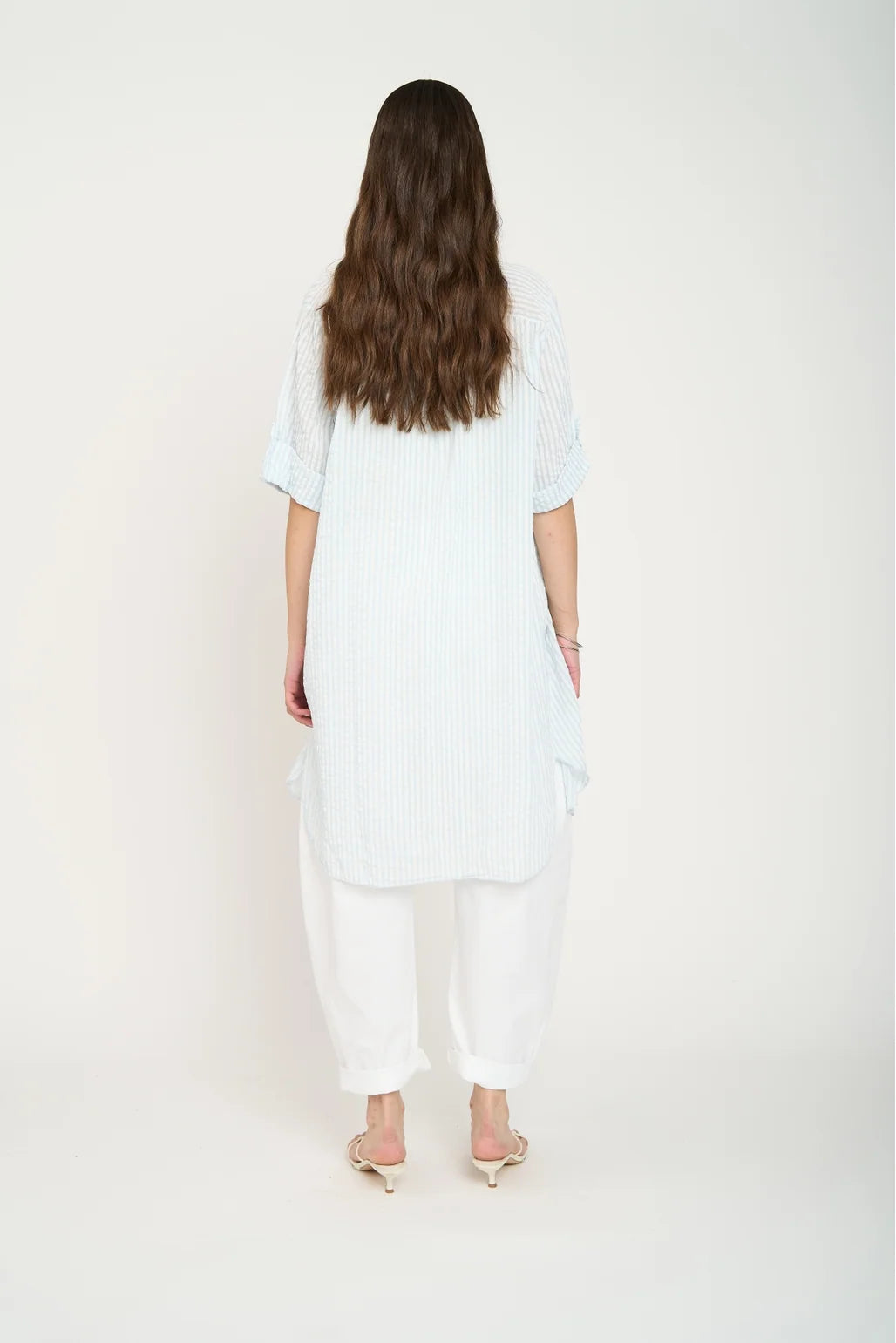 Bluson Camisero Largo Mujer A Rayas Cielo