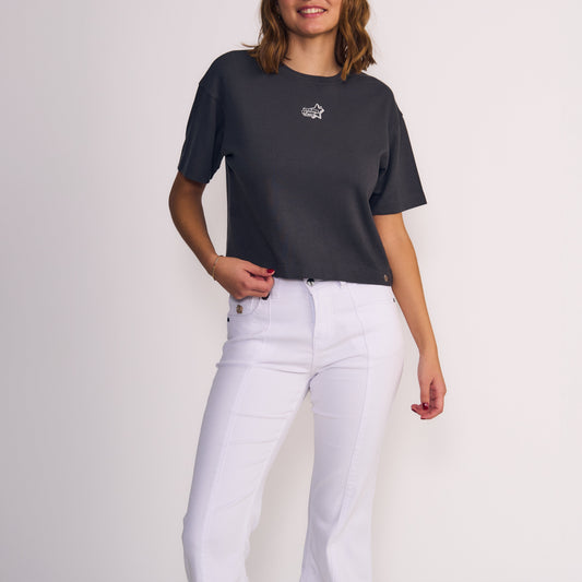 Polera Mujer Manga Corta Estampado Gris