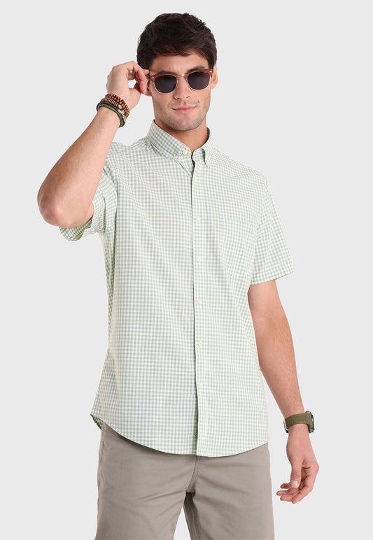 Camisa Hombre Lino Manga Corta Verde