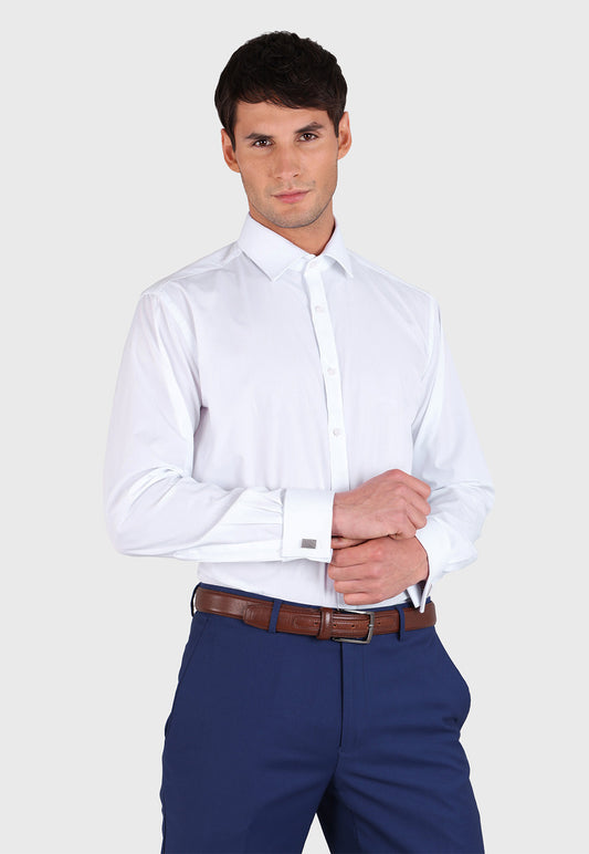 Camisa Hombre Formal Cuello Italiano Puño Doble Blanca