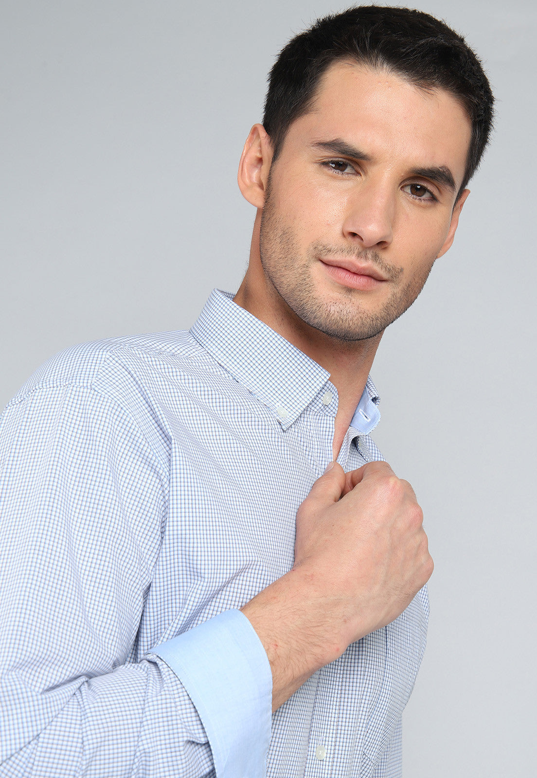 Camisa Hombre Formal Cuadros Celeste