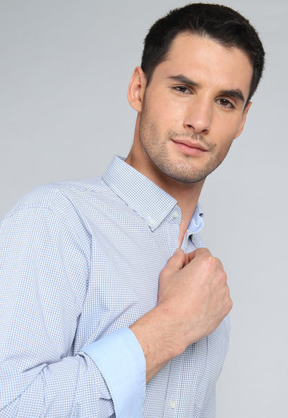 Camisa Hombre Formal Cuadros Celeste