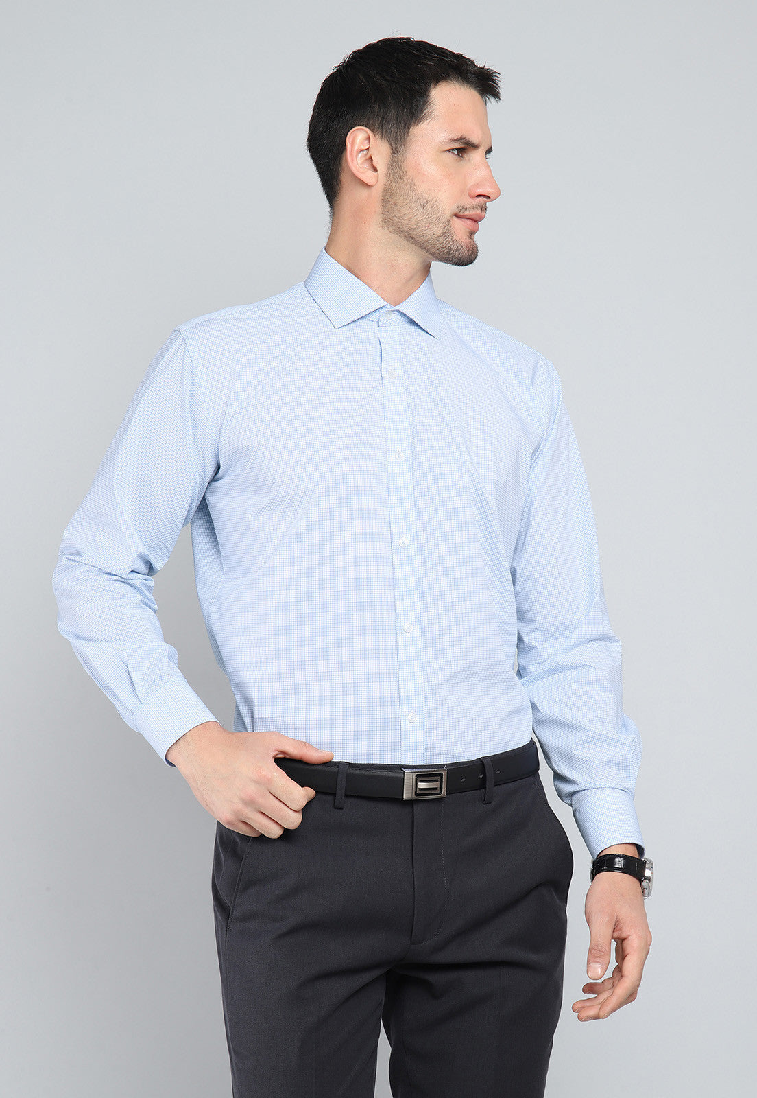 Camisa Hombre Formal Cuadros Celeste