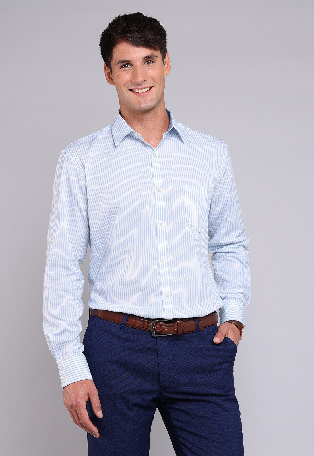 Camisa Hombre Formal Rayas Celeste