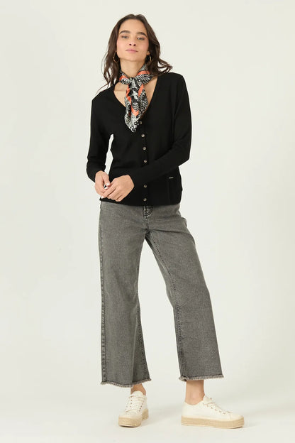 Chaleco Mujer Manga Larga Abotonado Negro