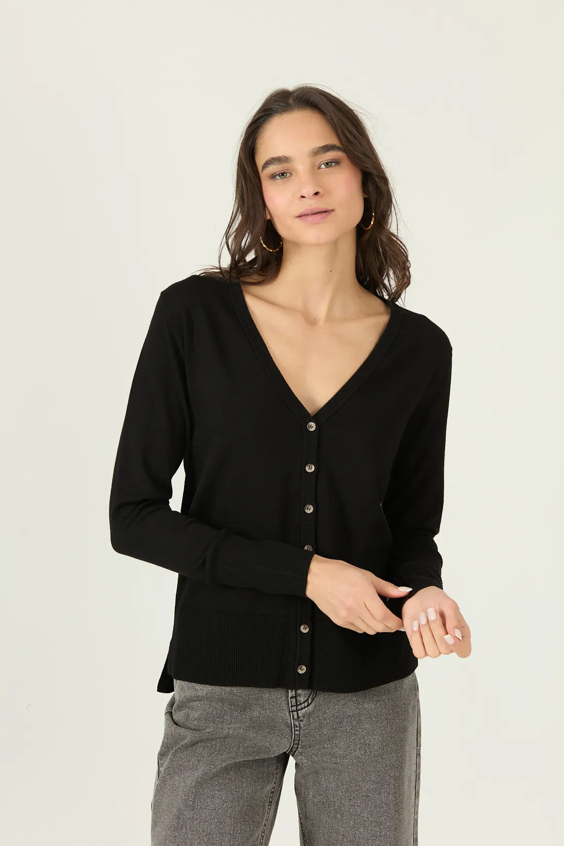 Chaleco Mujer Manga Larga Abotonado Negro