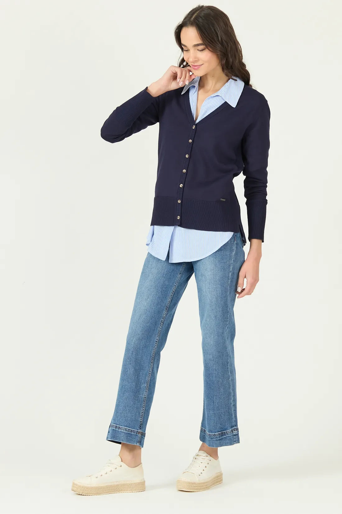 Chaleco Mujer Manga Larga Abotonado Azul Marino