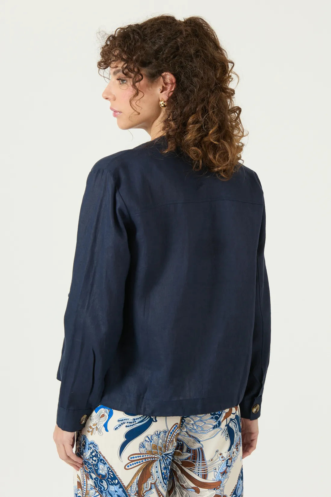 Chaqueta Mujer Abotonada Cuello Mao Azul Marino