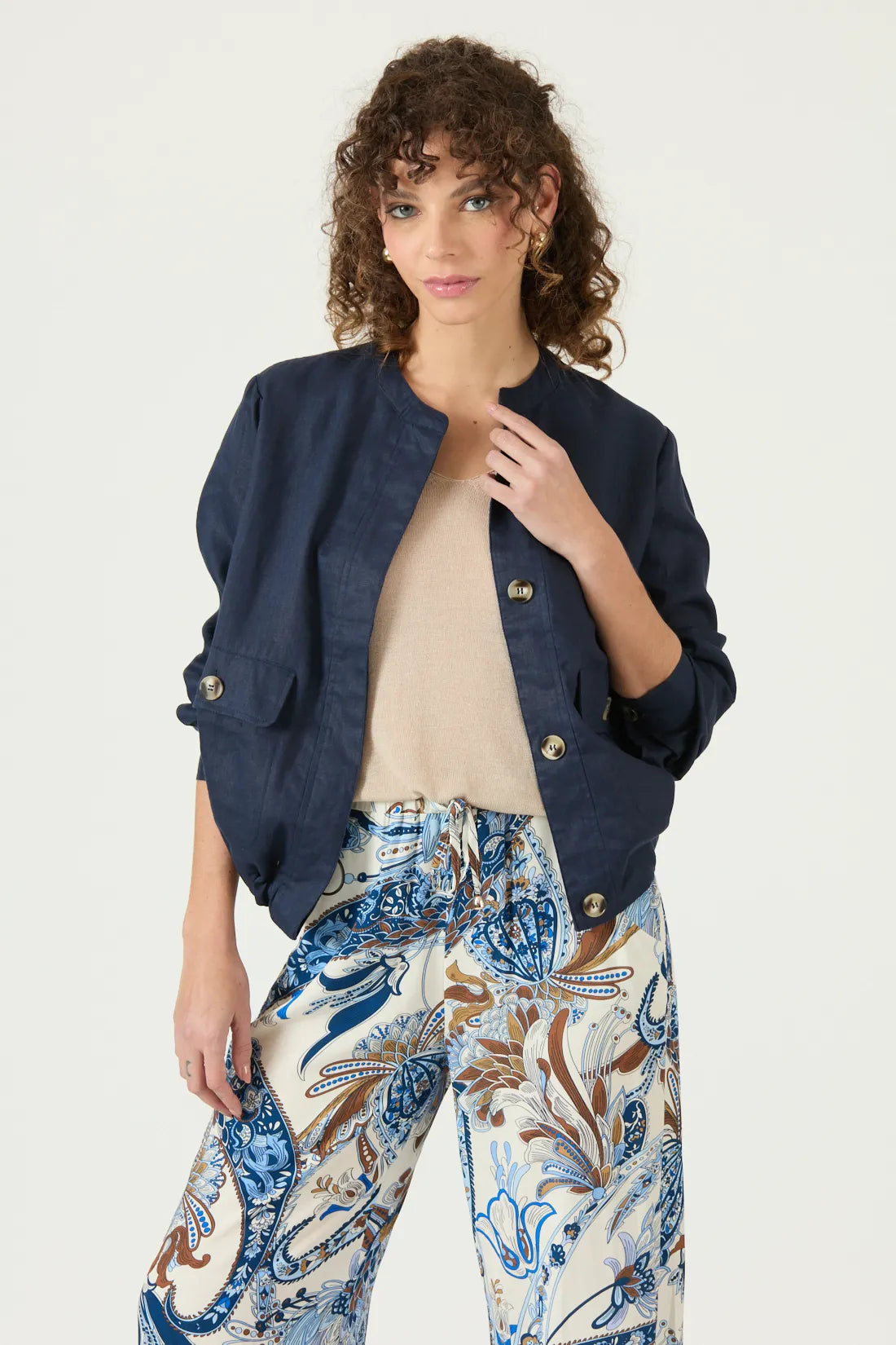 Chaqueta Mujer Abotonada Cuello Mao Azul Marino