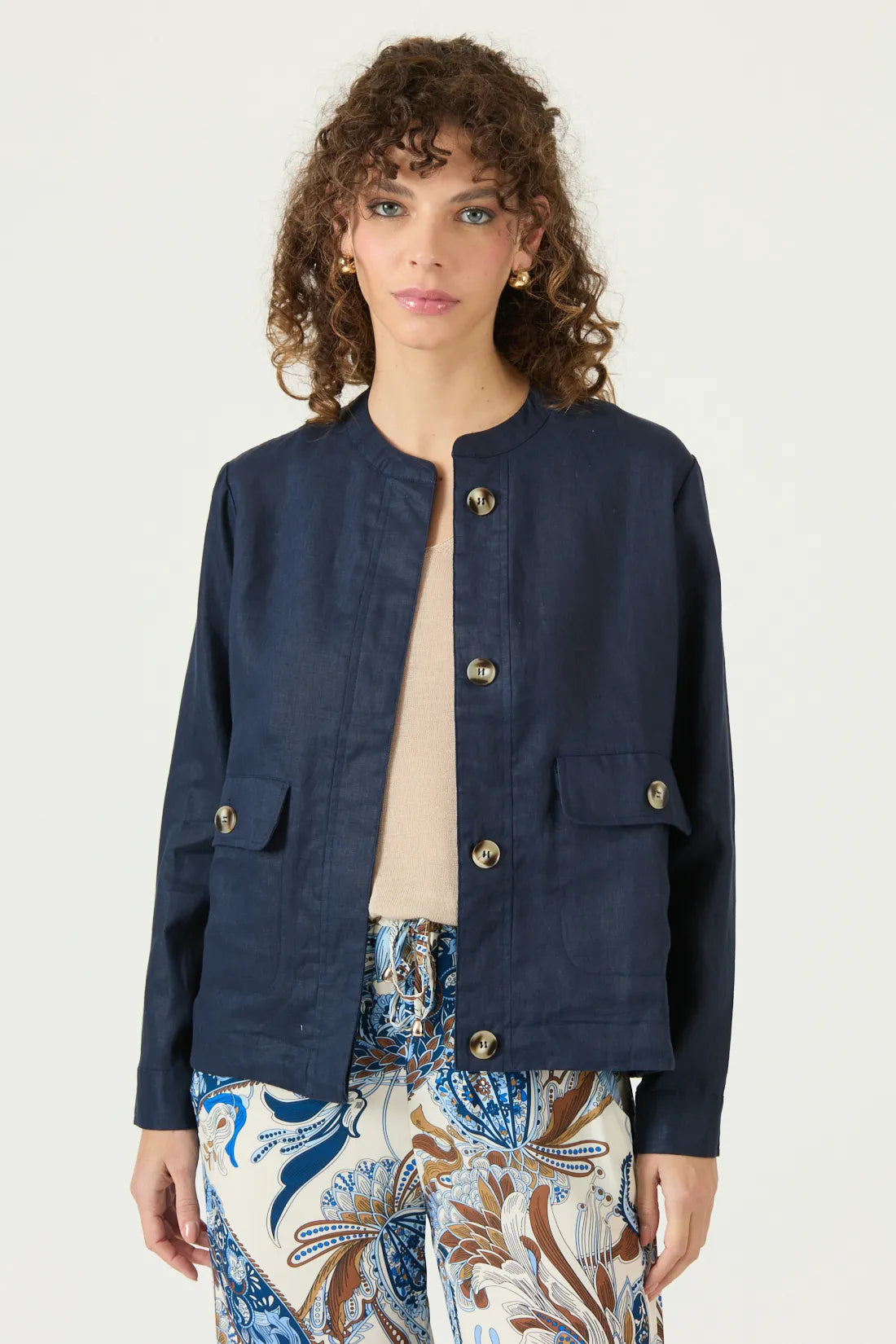 Chaqueta Mujer Abotonada Cuello Mao Azul Marino