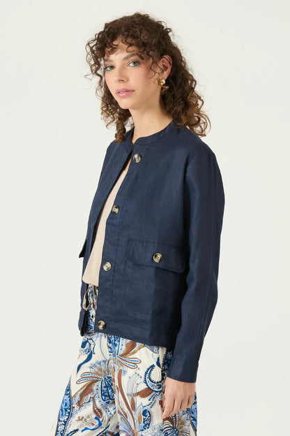 Chaqueta Mujer Abotonada Cuello Mao Azul Marino