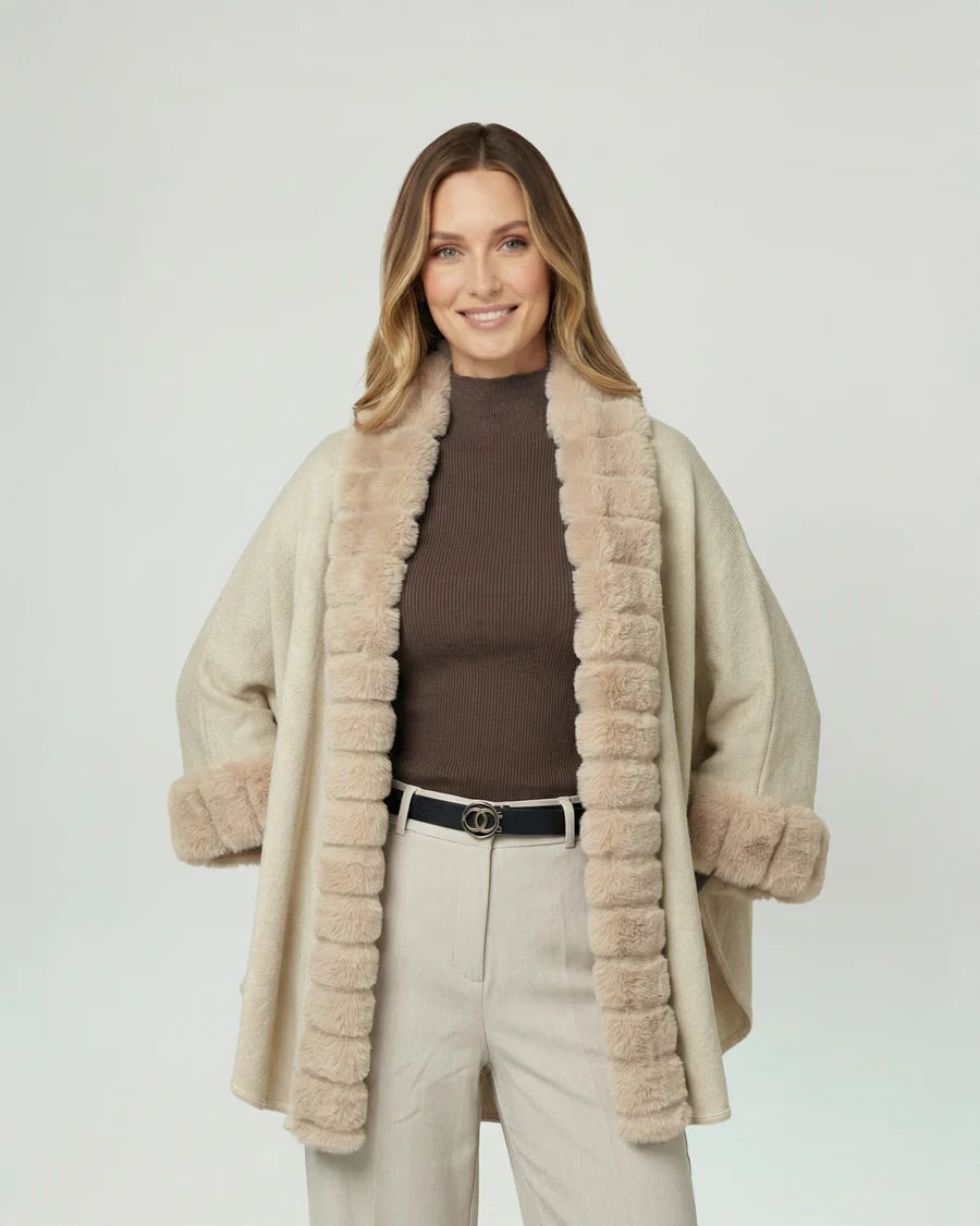 Poncho Mujer Lidia Overside Cuello Tipo Kimono Manga Caída Beige