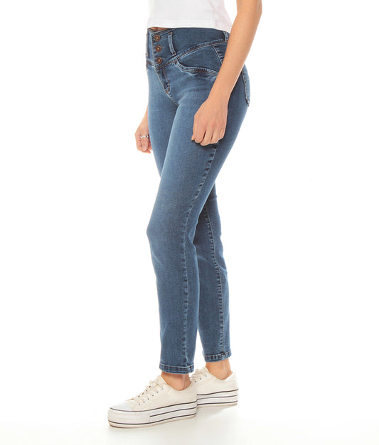 Jeans Mujer Básico Escultural Crop Slim Tiro Alto Pretina Alta 3 Botones Índigo