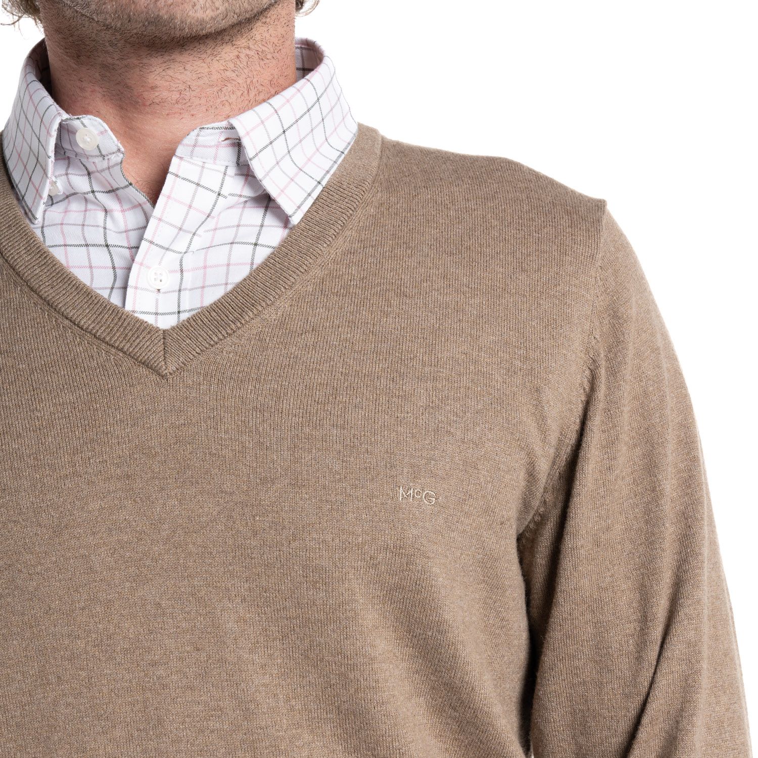 sweater-hombre-manga-larga-melange-cuello-v-taupe