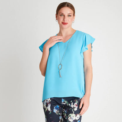 Blusa Mujer Manga Vuelos Con Collar Cyan