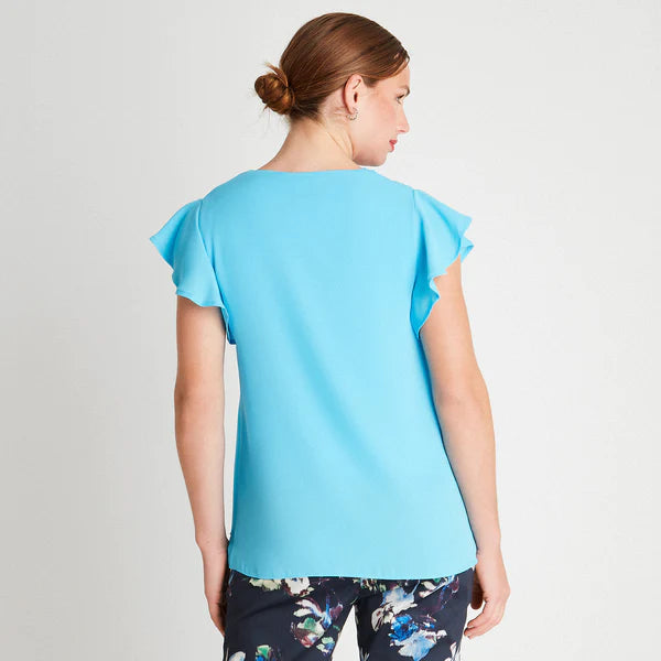 Blusa Mujer Manga Vuelos Con Collar Cyan