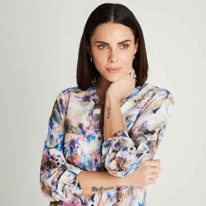 Blusa Mujer M/L Estampado Cuello Mao Lila