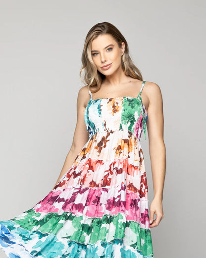 Vestido Mujer Velinda Con Vuelos Y Elasticado Estampado Multicolor