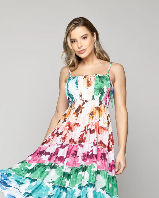 Vestido Mujer Velinda Con Vuelos Y Elasticado Estampado Multicolor