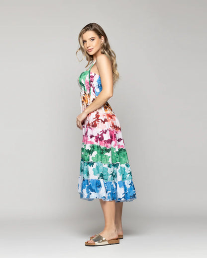 Vestido Mujer Velinda Con Vuelos Y Elasticado Estampado Multicolor