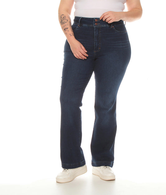 Jeans Mujer Flare Tiro Alto Secret Pretina Media Dos Botones Azul