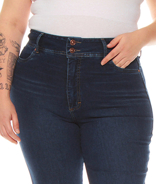 Jeans Mujer Flare Tiro Alto Secret Pretina Media Dos Botones Azul