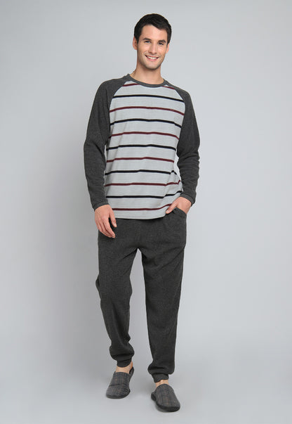 Pijama Hombre De Polar a Rayas Gris