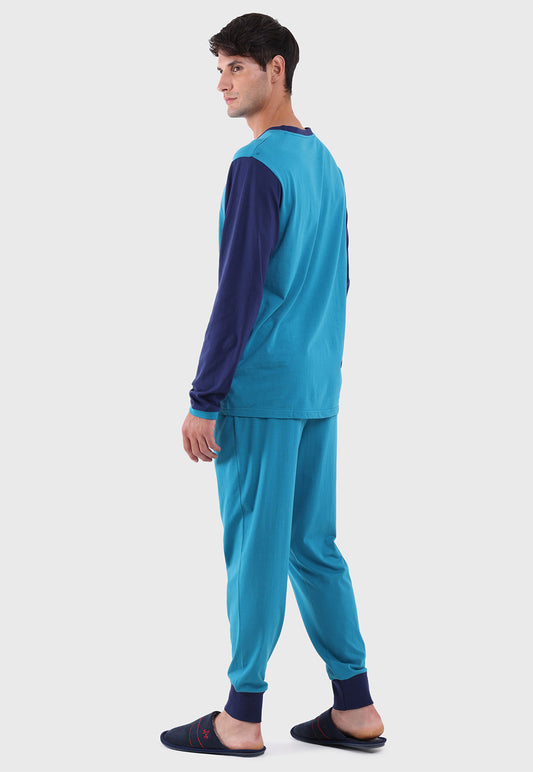 Pijama Hombre Largo Cuello Redondo Azul