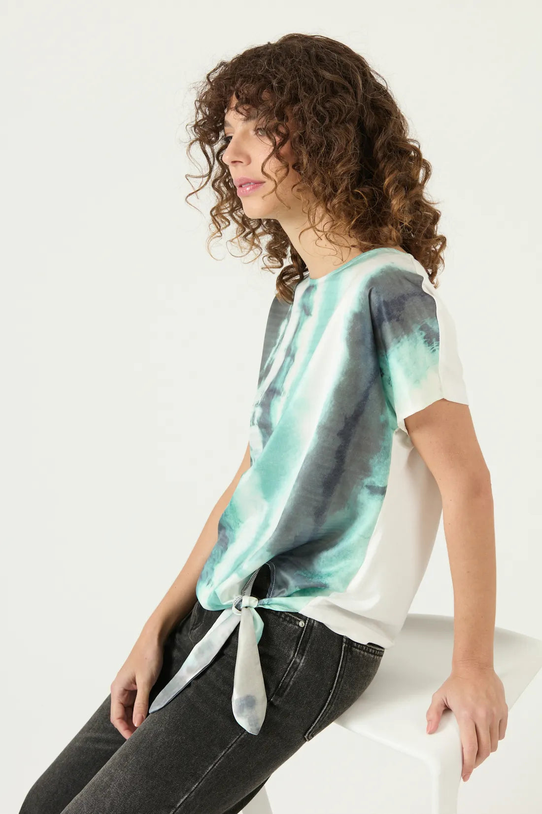 Polera Mujer Manga Corta Nudo Turquesa