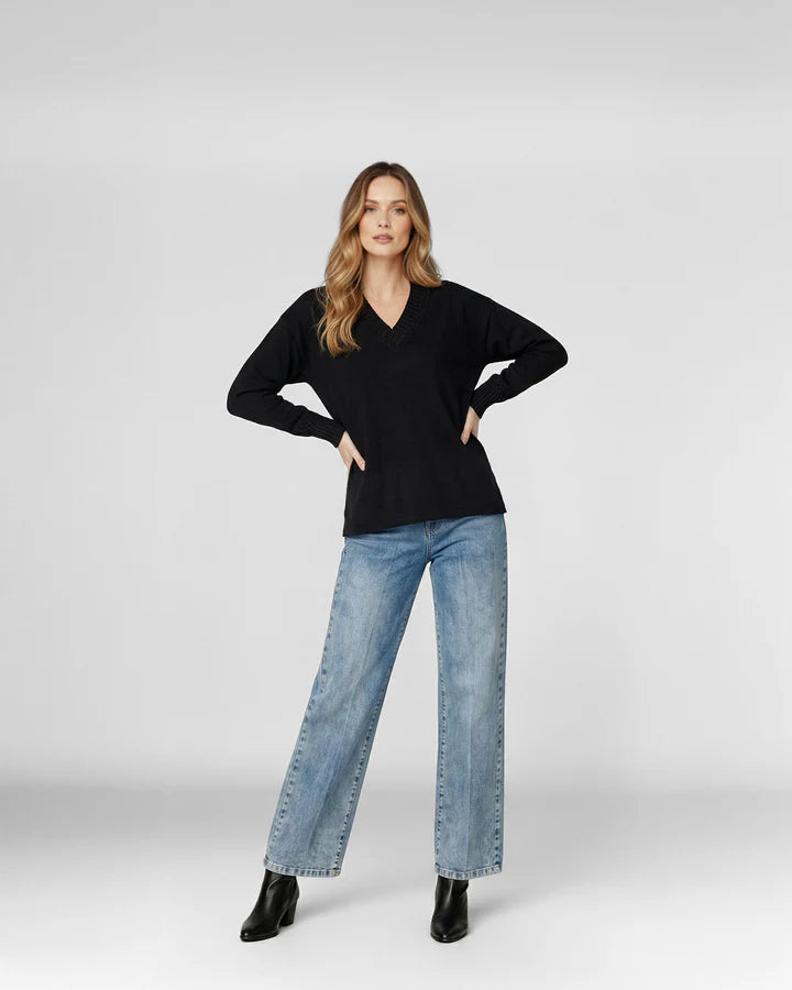 Sweater Mujer Giovanna Relaxed Cuello En V Manga Caída Negro