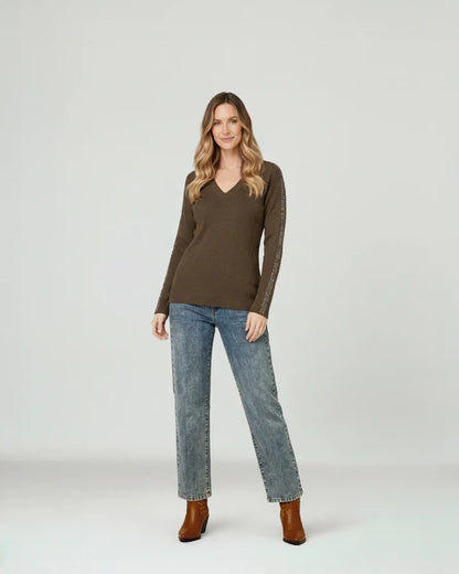 Sweater Mujer Ornella Relaxed Cuello En V Manga Caída Chocolate