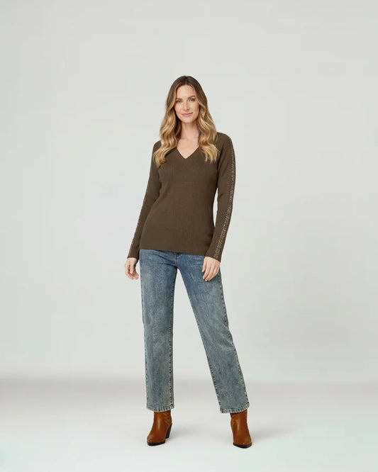 Sweater Mujer Ornella Relaxed Cuello En V Manga Caída Chocolate