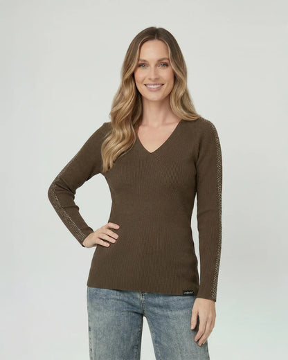 Sweater Mujer Ornella Relaxed Cuello En V Manga Caída Chocolate