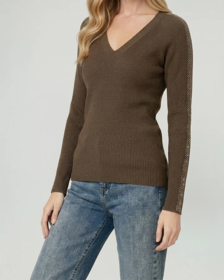 Sweater Mujer Ornella Relaxed Cuello En V Manga Caída Chocolate