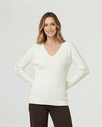 Sweater Mujer Ornella Relaxed Cuello En V Manga Caída Crudo