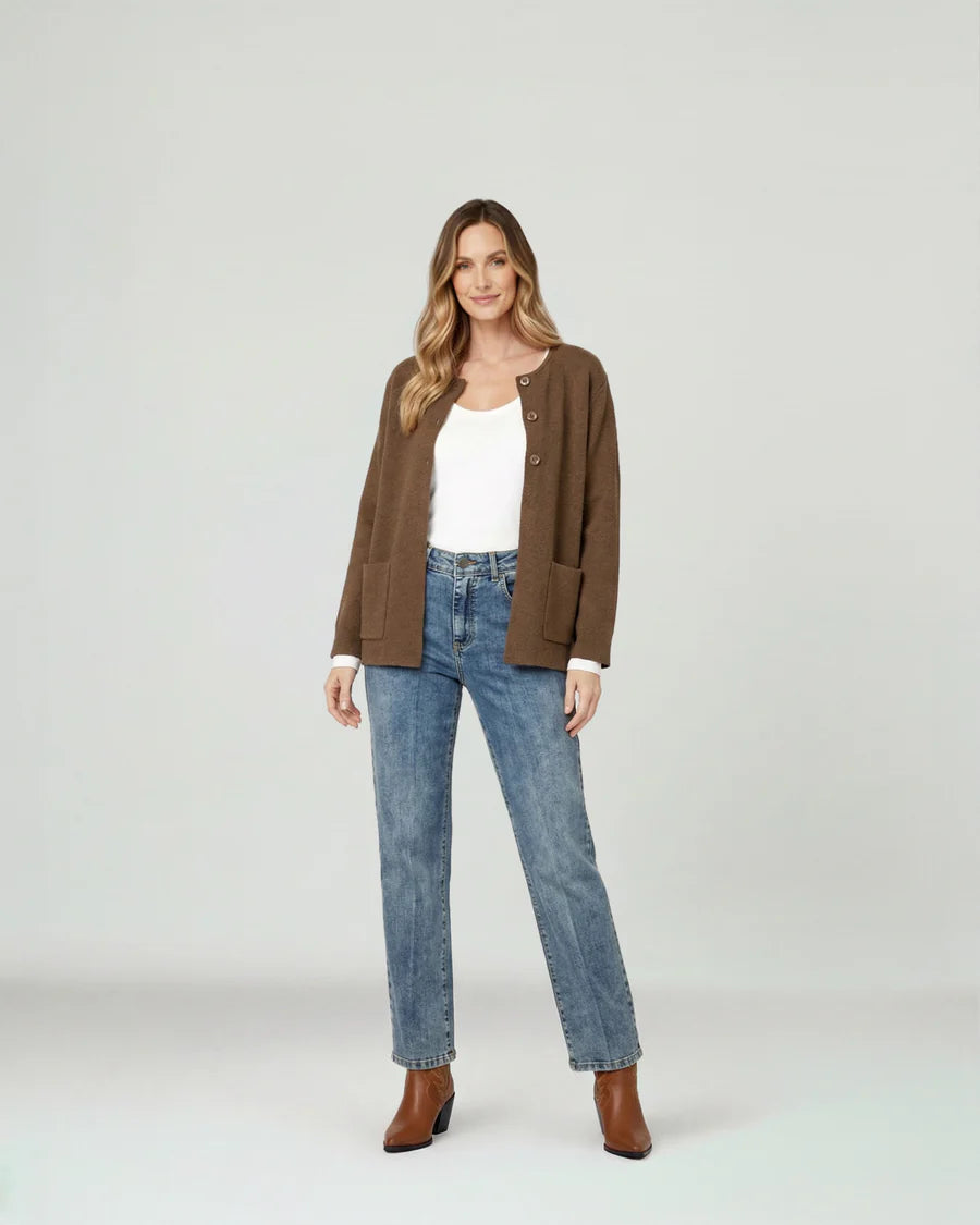 Cardigan Mujer Fiorella Relaxed Cuello Con Solapa Manga Suelta Chocolate