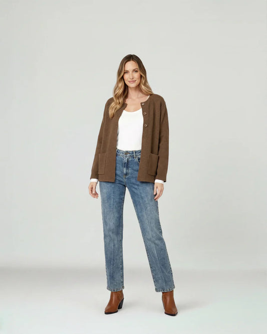 Cardigan Mujer Fiorella Relaxed Cuello Con Solapa Manga Suelta Chocolate