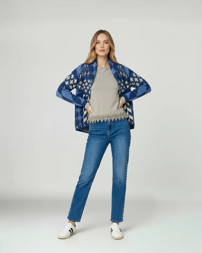 Cardigan Mujer Luciana Relaxed Cuello En V Manga Suelta Jeans