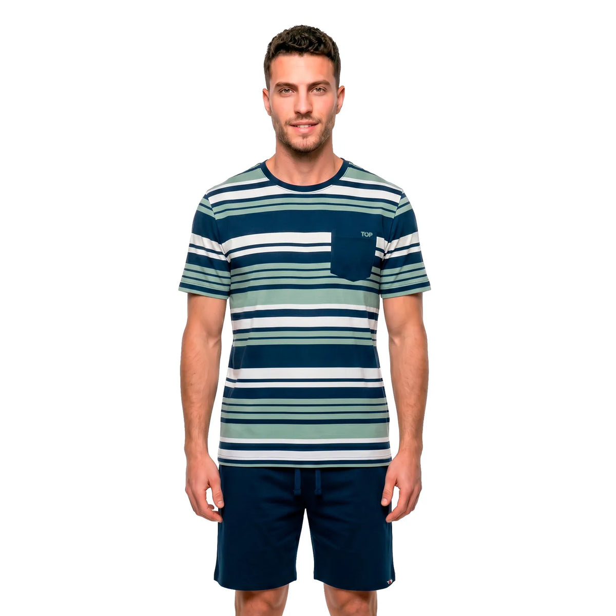 Pijama Corto Hombre Verano Algodón Rayas Verde