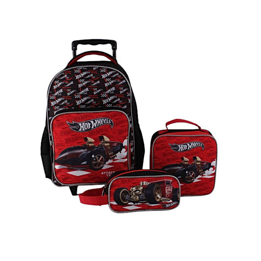 Mochila Hot Wheels Set Lonchera Y Estuche Niño Negro-Rojo