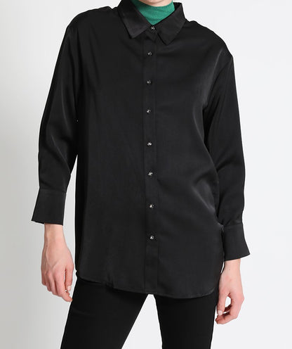 Blusa Mujer Camisera Satín Botón Joya 4012 Negro